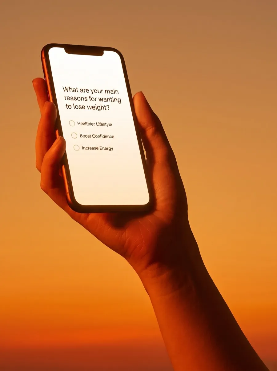A hand holding a phone showing the Lately eligibility questionnaire