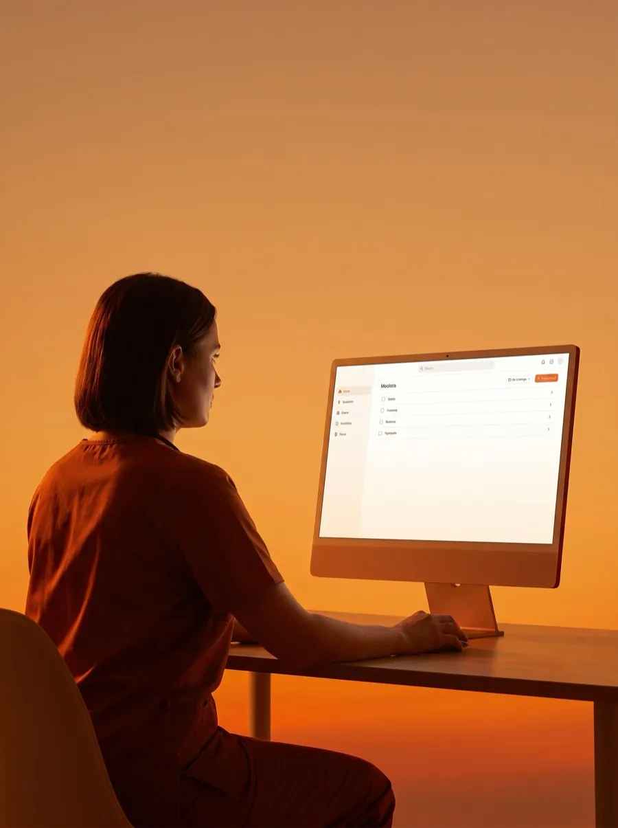 A clinician at a computer reviewing a patient dashboard