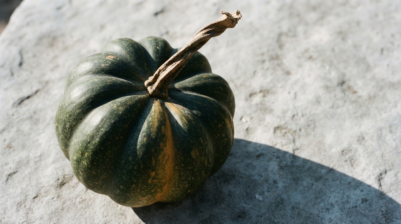 A ribbed green and ochre squash rests on light grey textured stone under crisp sunlight, casting a sharp shadow to the side.