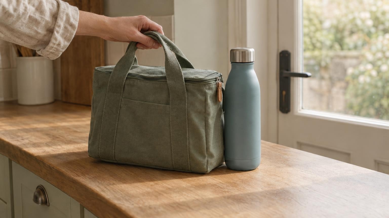 A hand lifts a sage lunch bag beside a pale blue bottle on a wooden kitchen counter in warm side light.