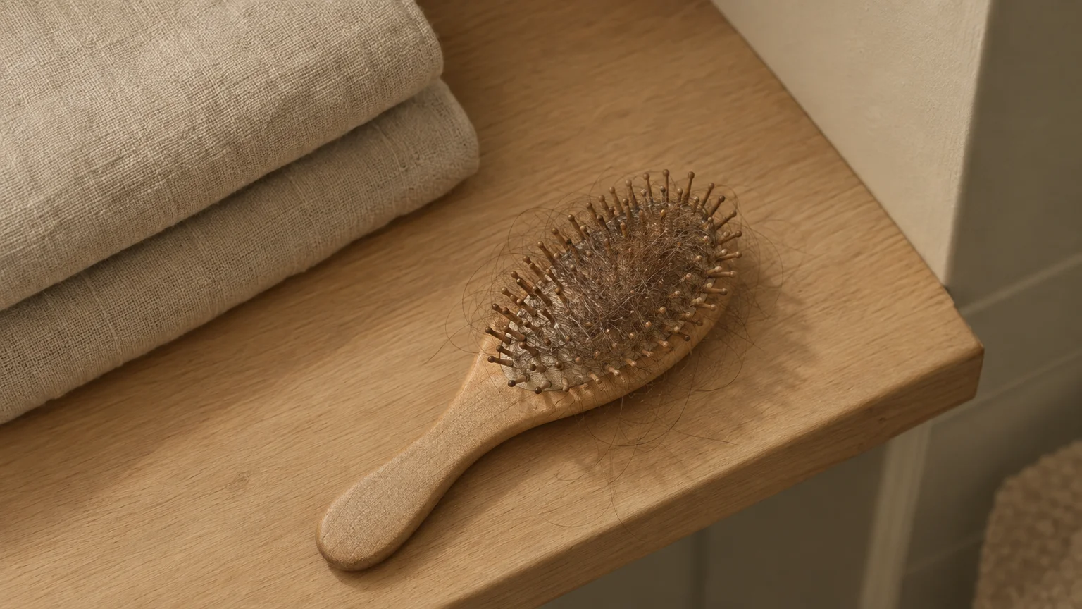 A wooden hairbrush lying on folded pale linen next to a bright window.