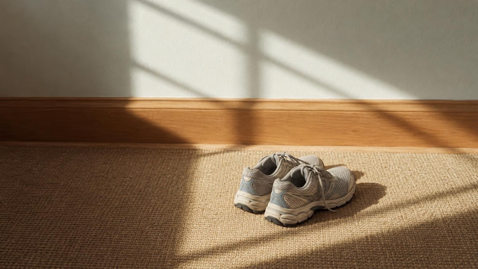 A pair of running shoes rest on a woven carpet by a pale wall and wooden baseboard, lit by bright diagonal sunlight.