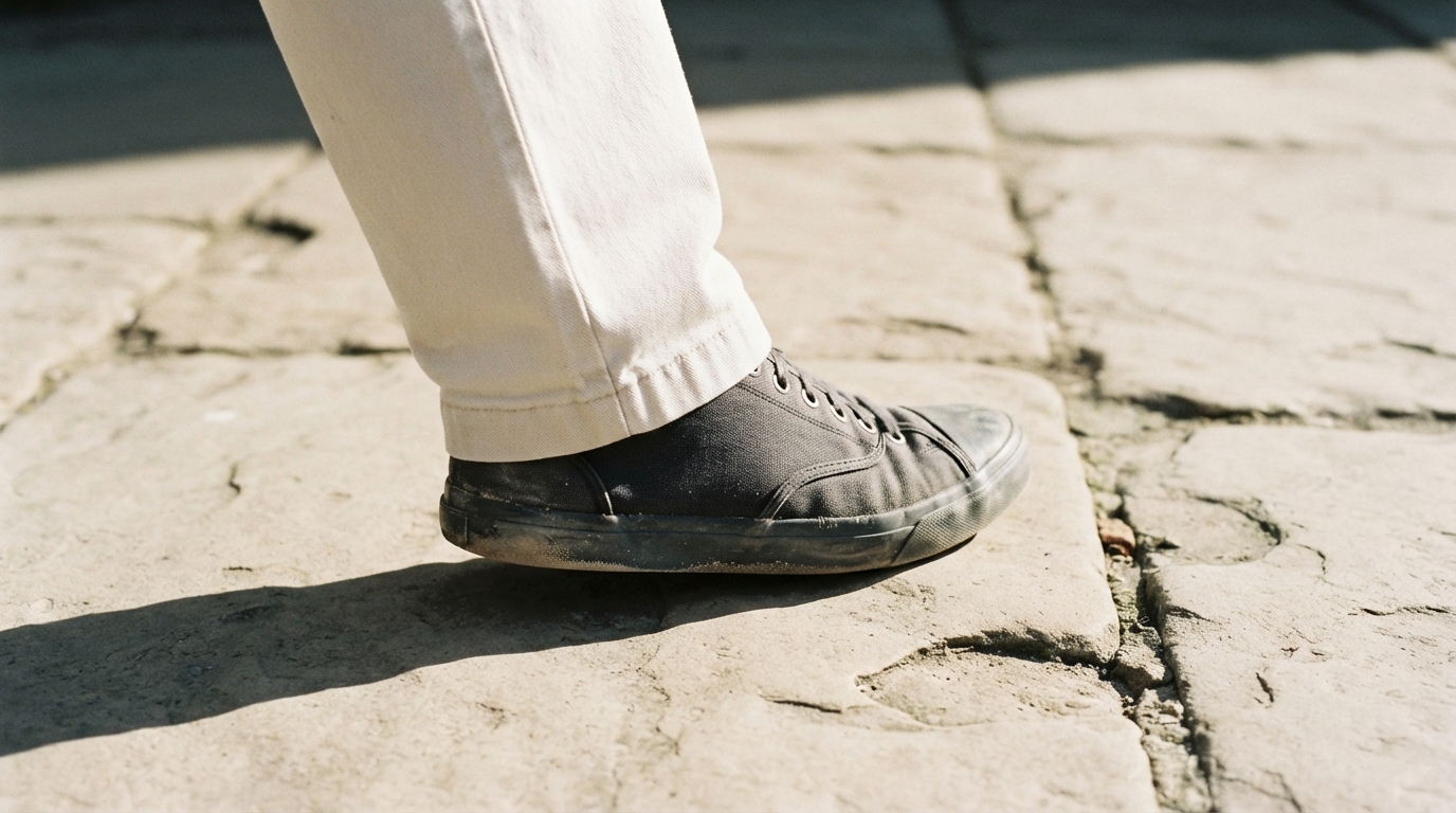 A close-up of a person's foot in a dark canvas sneaker and cream trousers, stepping onto sunlit, textured stone pavement.
