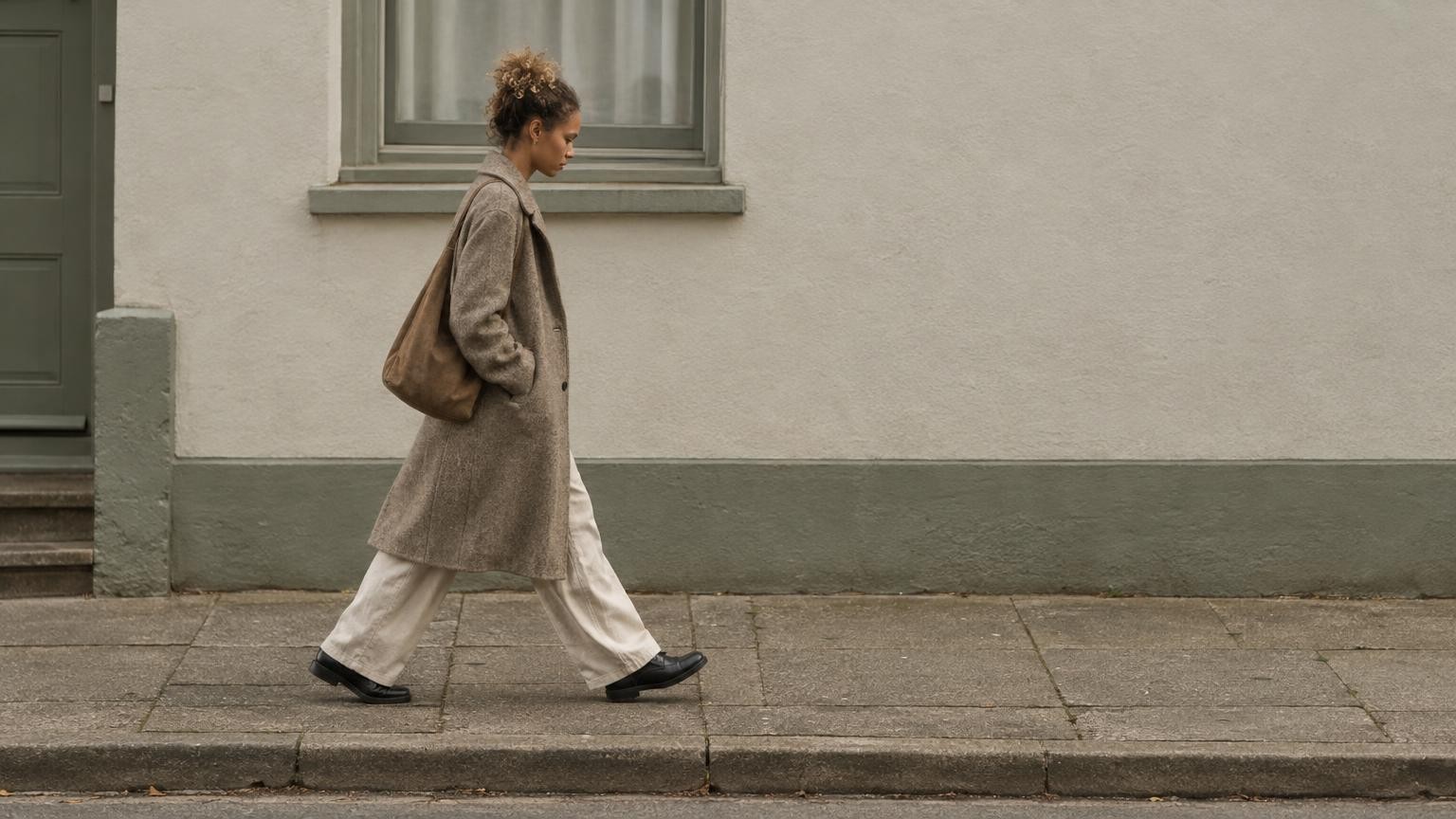 A woman in a muted coat walks left to right along a pale wall outside, seen in profile under soft overcast light.
